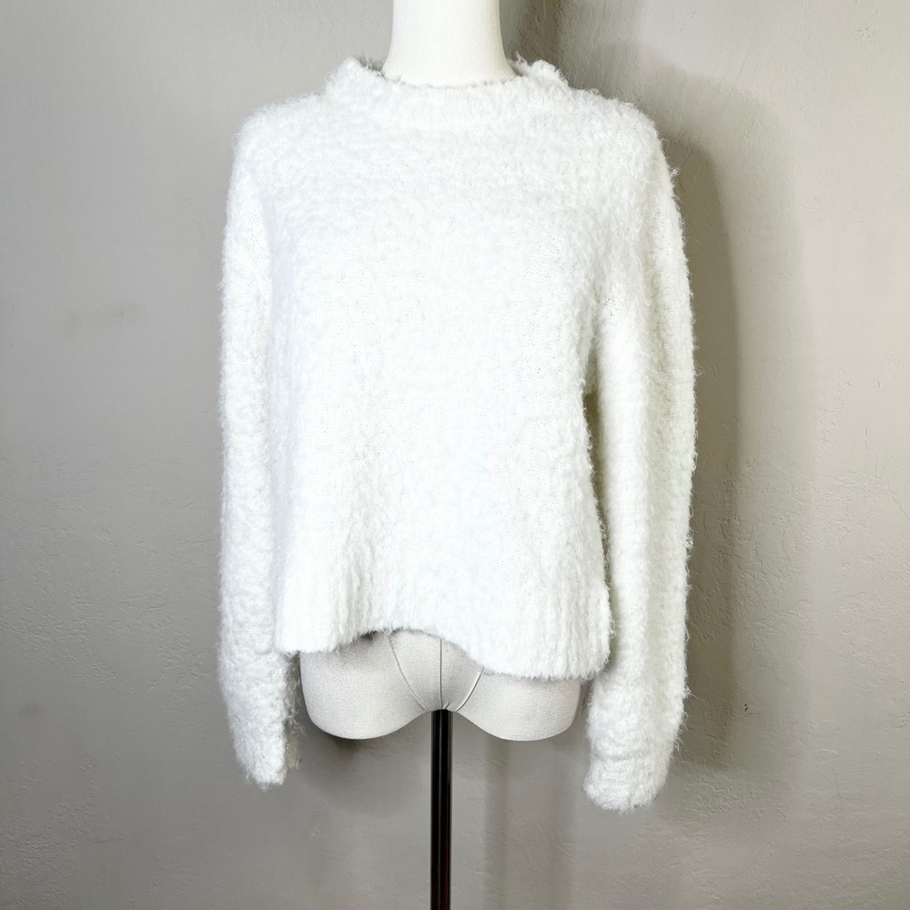 Bella Dahl White Fuzzy Boucle Crew Neck Wool Blend Long Sleeve Sweater Size XS